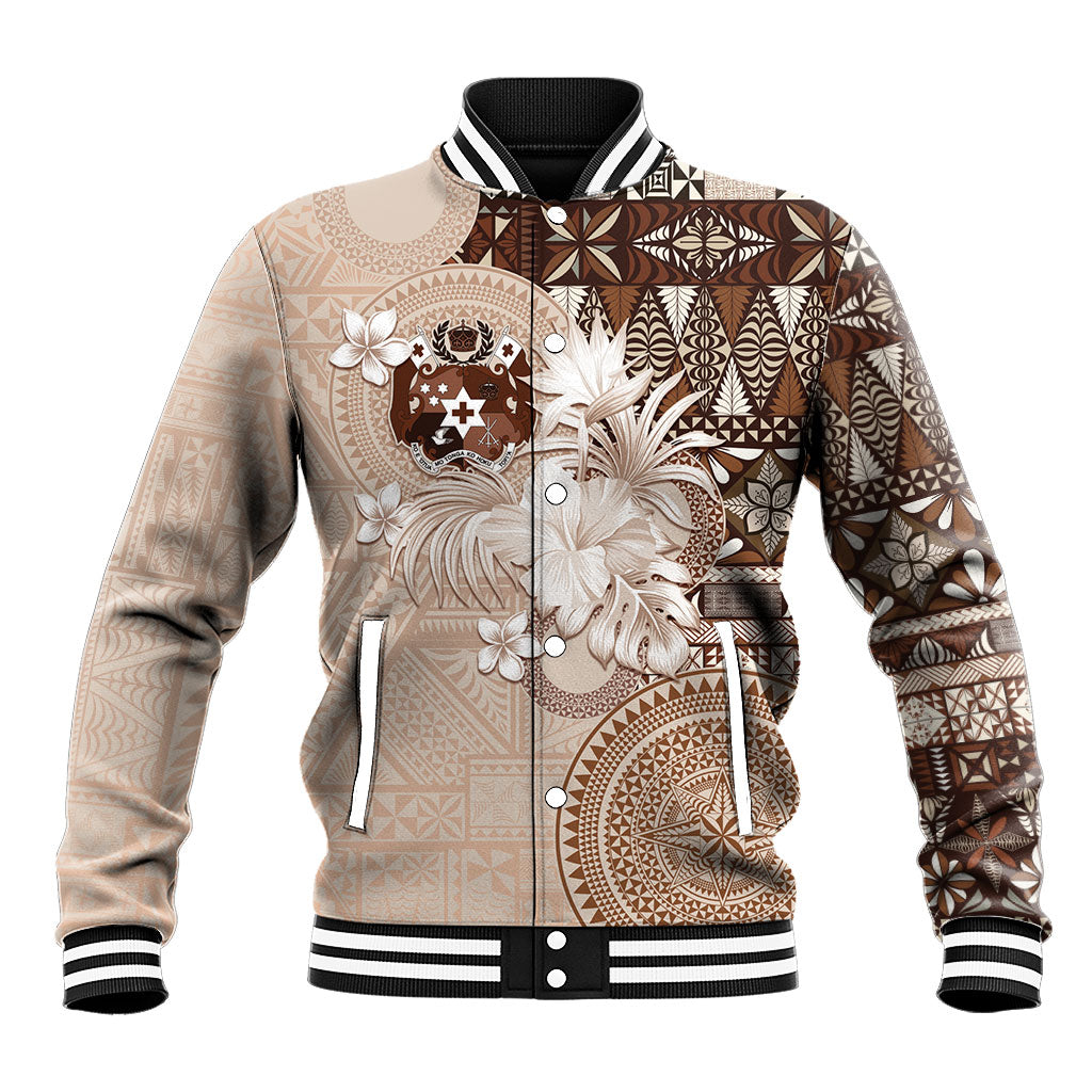 Tonga Ngatu Motifs Baseball Jacket With Coat Of Arms Beige