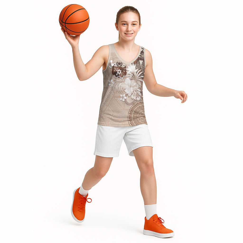 Tonga Ngatu Motifs Basketball Jersey With Coat Of Arms Beige
