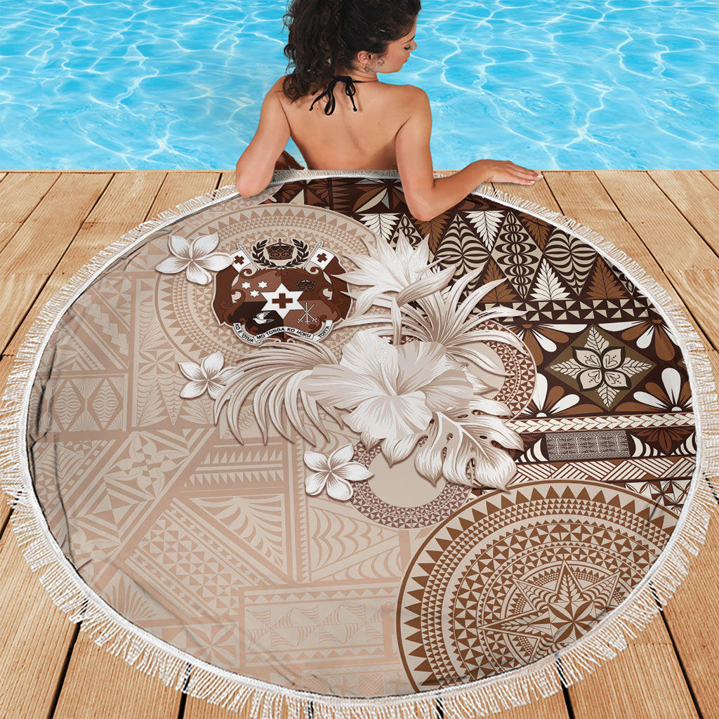 Tonga Ngatu Motifs Beach Blanket With Coat Of Arms Beige