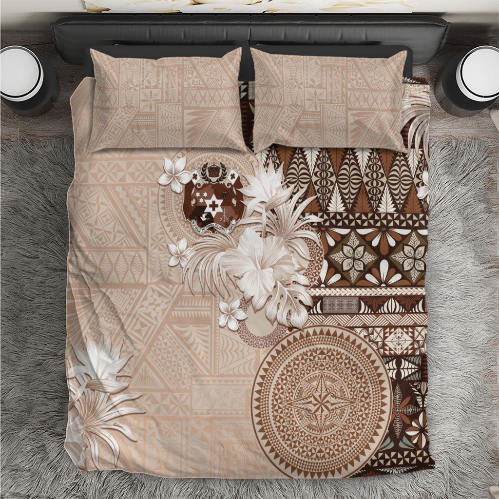 Tonga Ngatu Motifs Bedding Set With Coat Of Arms Beige
