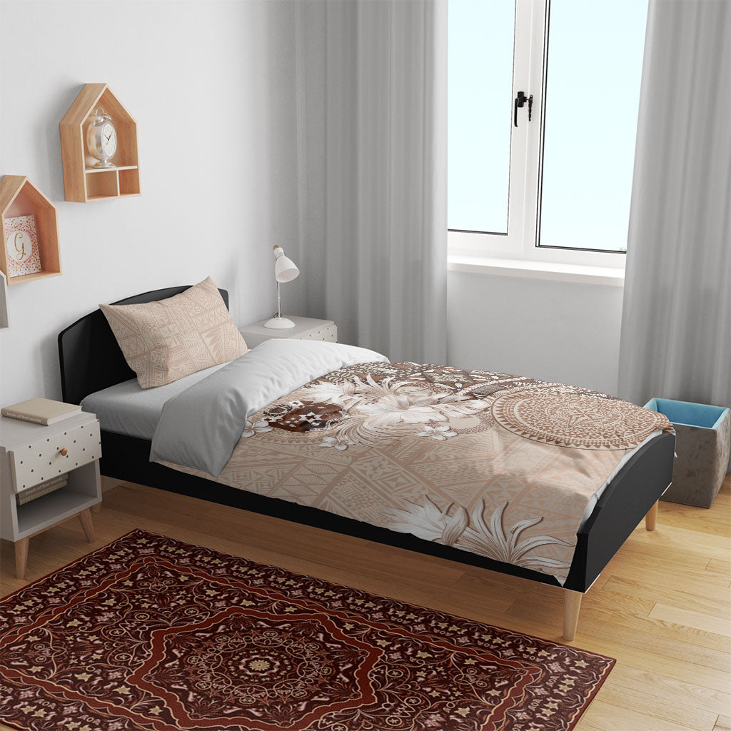 Tonga Ngatu Motifs Bedding Set With Coat Of Arms Beige