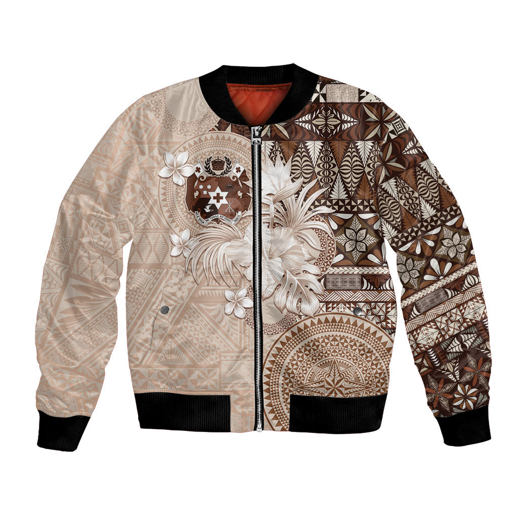 Tonga Ngatu Motifs Bomber Jacket With Coat Of Arms Beige