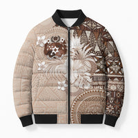 Tonga Ngatu Motifs Bomber Puffer Jacket With Coat Of Arms Beige