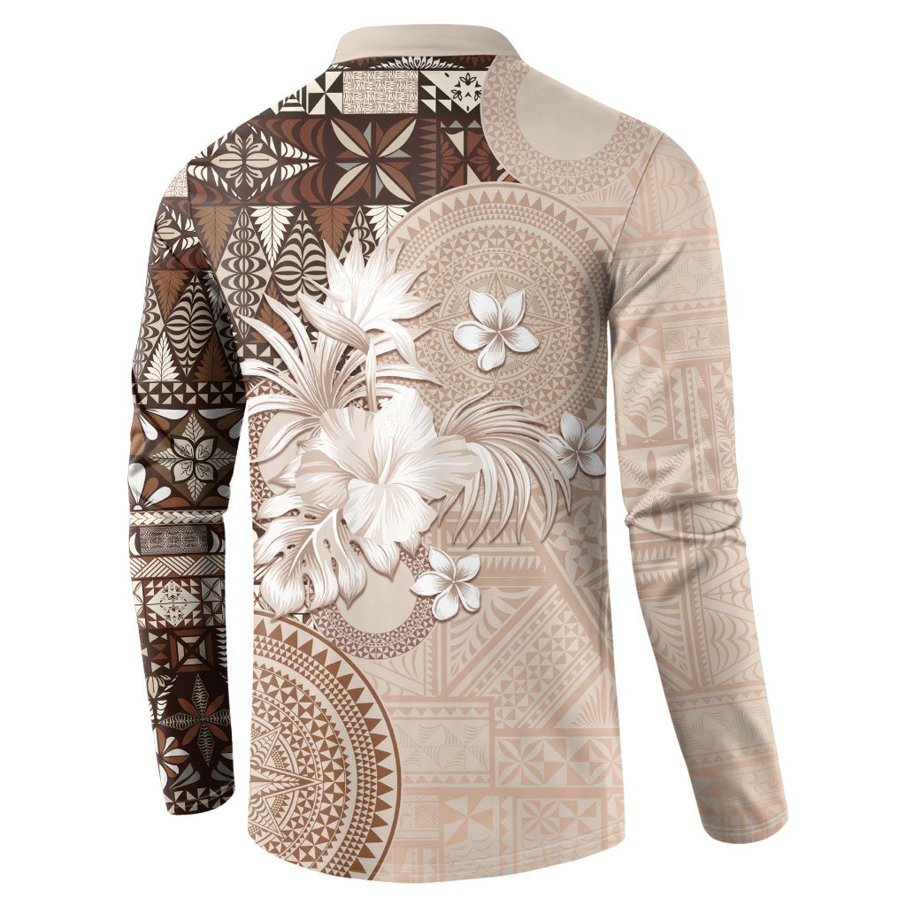 Tonga Ngatu Motifs Button Sweatshirt With Coat Of Arms Beige