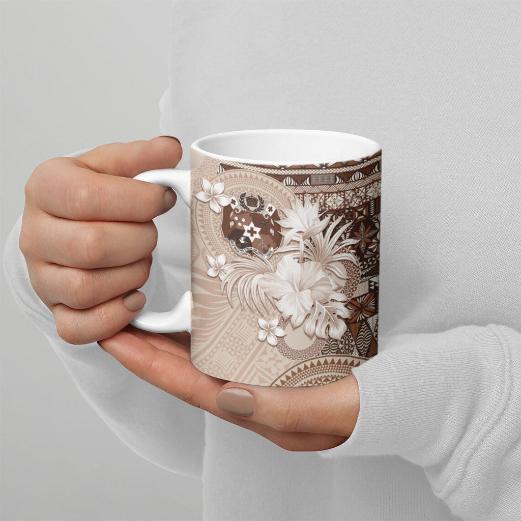 Tonga Ngatu Motifs Ceramic Mug With Coat Of Arms Beige