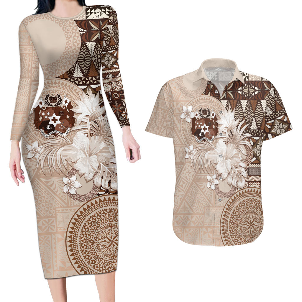 Tonga Ngatu Motifs Couples Matching Long Sleeve Bodycon Dress and Hawaiian Shirt With Coat Of Arms Beige LT05 Beige - Polynesian Pride