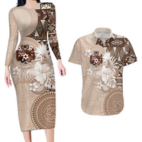 Tonga Ngatu Motifs Couples Matching Long Sleeve Bodycon Dress and Hawaiian Shirt With Coat Of Arms Beige LT05 Beige - Polynesian Pride