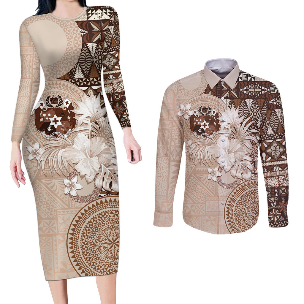 Tonga Ngatu Motifs Couples Matching Long Sleeve Bodycon Dress and Long Sleeve Button Shirt With Coat Of Arms Beige