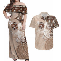 Tonga Ngatu Motifs Couples Matching Off Shoulder Maxi Dress and Hawaiian Shirt With Coat Of Arms Beige