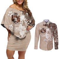 Tonga Ngatu Motifs Couples Matching Off Shoulder Short Dress and Long Sleeve Button Shirt With Coat Of Arms Beige