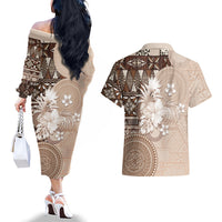 Tonga Ngatu Motifs Couples Matching Off The Shoulder Long Sleeve Dress and Hawaiian Shirt With Coat Of Arms Beige
