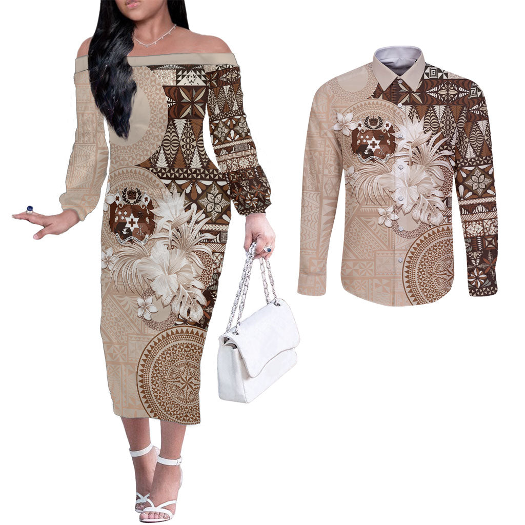 Tonga Ngatu Motifs Couples Matching Off The Shoulder Long Sleeve Dress and Long Sleeve Button Shirt With Coat Of Arms Beige