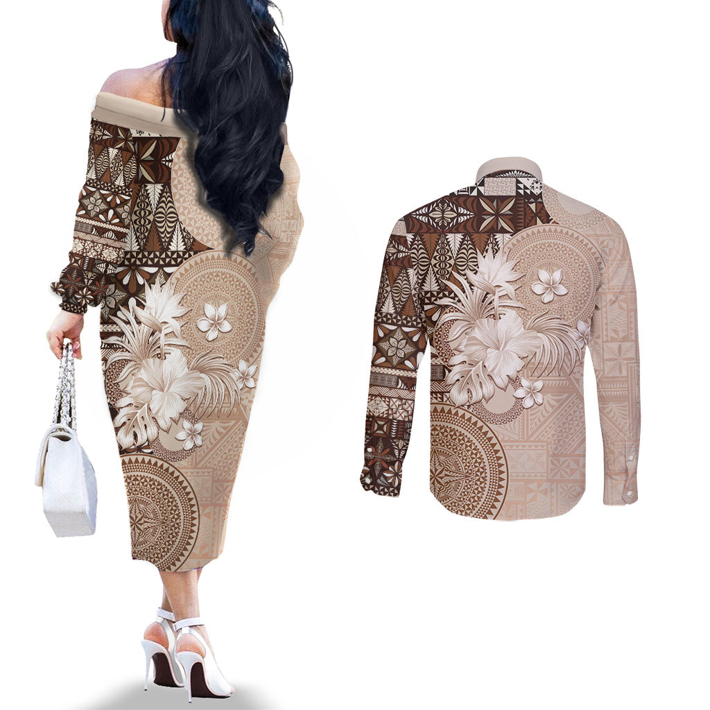 Tonga Ngatu Motifs Couples Matching Off The Shoulder Long Sleeve Dress and Long Sleeve Button Shirt With Coat Of Arms Beige