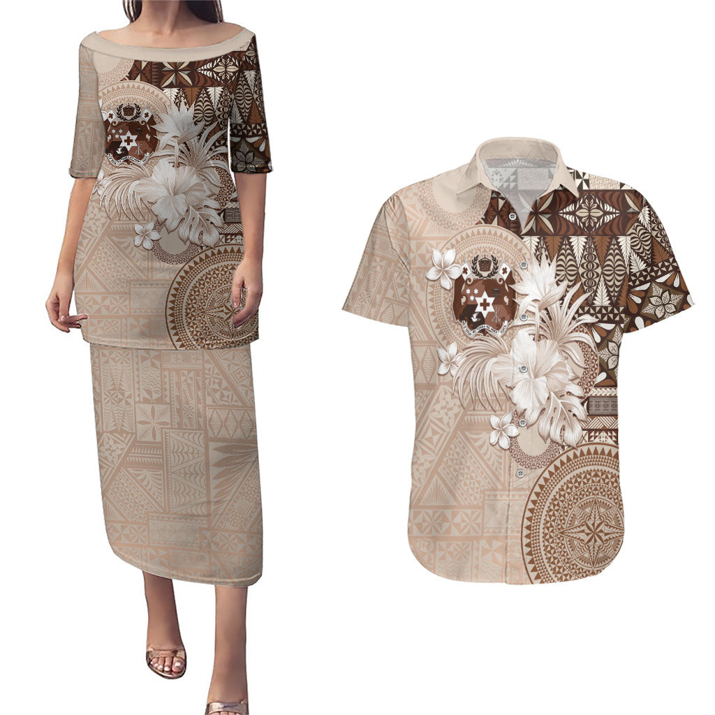 Tonga Ngatu Motifs Couples Matching Puletasi and Hawaiian Shirt With Coat Of Arms Beige