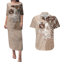 Tonga Ngatu Motifs Couples Matching Puletasi and Hawaiian Shirt With Coat Of Arms Beige