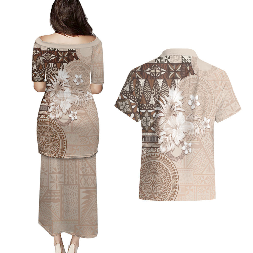 Tonga Ngatu Motifs Couples Matching Puletasi and Hawaiian Shirt With Coat Of Arms Beige