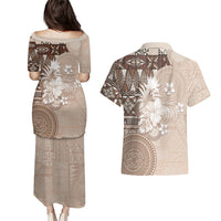 Tonga Ngatu Motifs Couples Matching Puletasi and Hawaiian Shirt With Coat Of Arms Beige