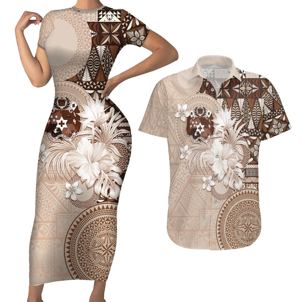 Tonga Ngatu Motifs Couples Matching Short Sleeve Bodycon Dress and Hawaiian Shirt With Coat Of Arms Beige LT05 Beige - Polynesian Pride