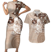 Tonga Ngatu Motifs Couples Matching Short Sleeve Bodycon Dress and Hawaiian Shirt With Coat Of Arms Beige LT05 Beige - Polynesian Pride