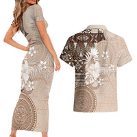Tonga Ngatu Motifs Couples Matching Short Sleeve Bodycon Dress and Hawaiian Shirt With Coat Of Arms Beige LT05 - Polynesian Pride