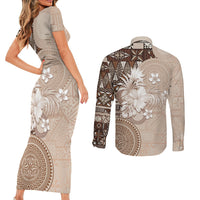 Tonga Ngatu Motifs Couples Matching Short Sleeve Bodycon Dress and Long Sleeve Button Shirt With Coat Of Arms Beige