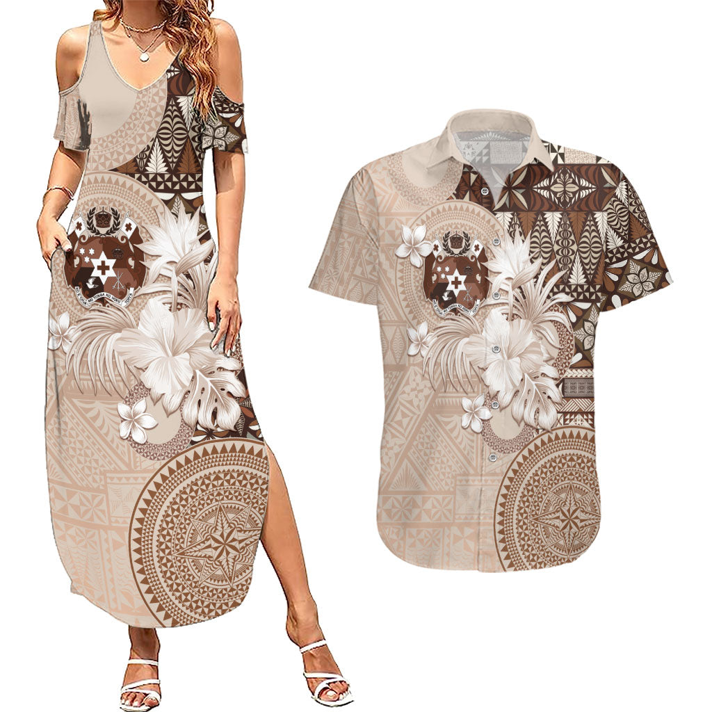 Tonga Ngatu Motifs Couples Matching Summer Maxi Dress and Hawaiian Shirt With Coat Of Arms Beige