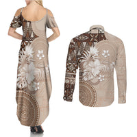 Tonga Ngatu Motifs Couples Matching Summer Maxi Dress and Long Sleeve Button Shirt With Coat Of Arms Beige