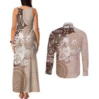 Tonga Ngatu Motifs Couples Matching Tank Maxi Dress and Long Sleeve Button Shirt With Coat Of Arms Beige