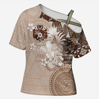 Tonga Ngatu Motifs Cross Shoulder Shirt With Coat Of Arms Beige