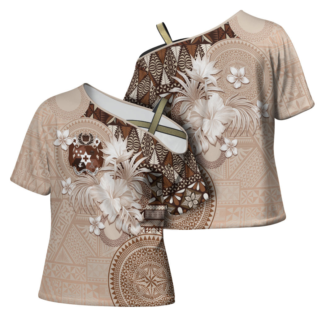 Tonga Ngatu Motifs Cross Shoulder Shirt With Coat Of Arms Beige