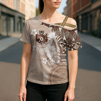Tonga Ngatu Motifs Cross Shoulder Shirt With Coat Of Arms Beige