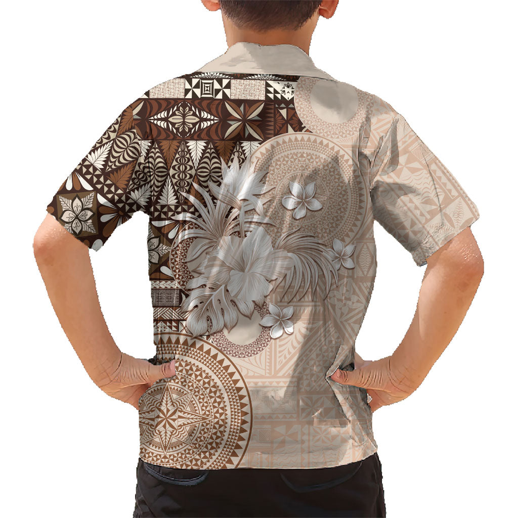 Tonga Ngatu Motifs Family Matching Mermaid Dress and Hawaiian Shirt With Coat Of Arms Beige LT05 - Polynesian Pride