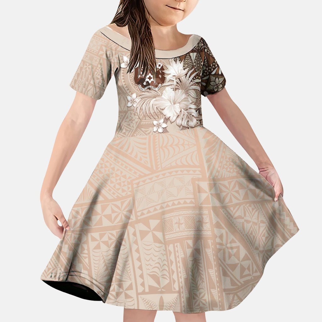 Tonga Ngatu Motifs Family Matching Mermaid Dress and Hawaiian Shirt With Coat Of Arms Beige LT05 Daughter's Dress Beige - Polynesian Pride