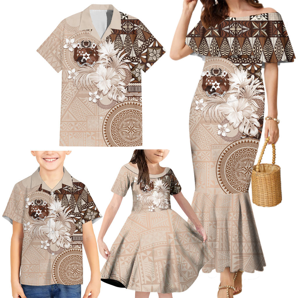 Tonga Ngatu Motifs Family Matching Mermaid Dress and Hawaiian Shirt With Coat Of Arms Beige LT05 - Polynesian Pride