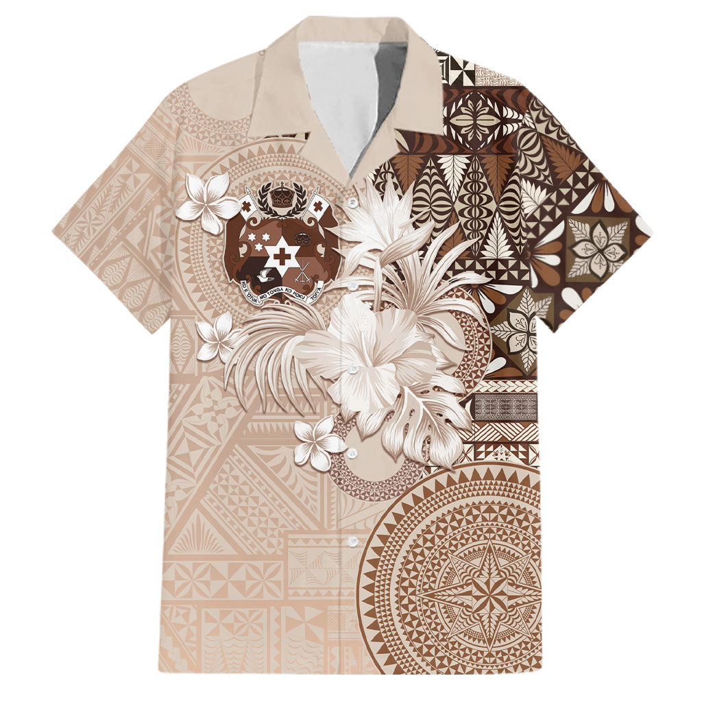 Tonga Ngatu Motifs Family Matching Mermaid Dress and Hawaiian Shirt With Coat Of Arms Beige LT05 Dad's Shirt - Short Sleeve Beige - Polynesian Pride