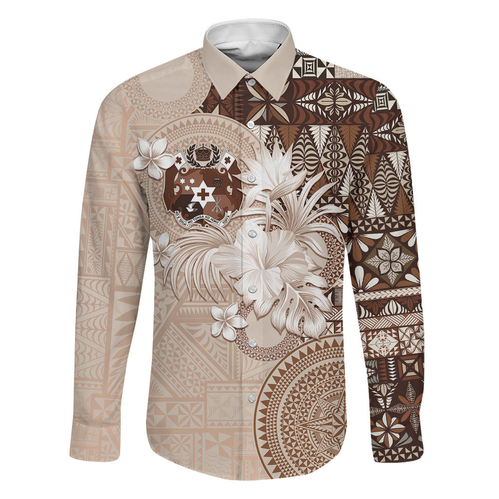 Tonga Ngatu Motifs Family Matching Mermaid Dress and Hawaiian Shirt With Coat Of Arms Beige LT05 Dad's Shirt - Long Sleeve Beige - Polynesian Pride