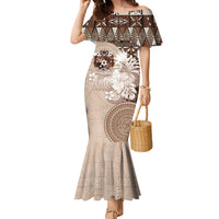 Tonga Ngatu Motifs Family Matching Mermaid Dress and Hawaiian Shirt With Coat Of Arms Beige LT05 Mom's Dress Beige - Polynesian Pride
