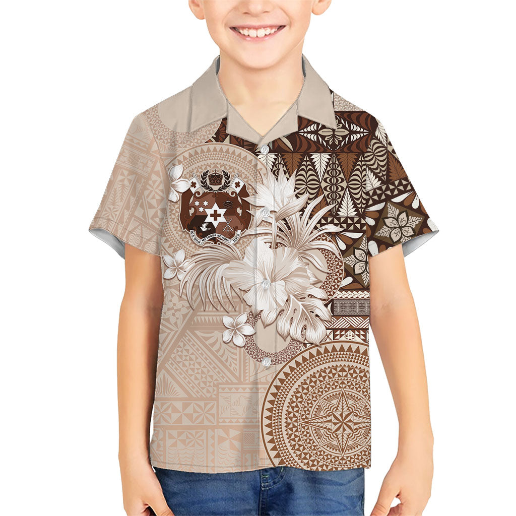 Tonga Ngatu Motifs Family Matching Mermaid Dress and Hawaiian Shirt With Coat Of Arms Beige LT05 Son's Shirt Beige - Polynesian Pride