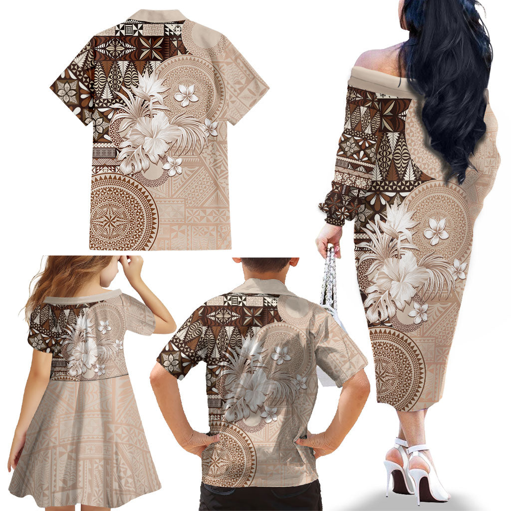 Tonga Ngatu Motifs Family Matching Off The Shoulder Long Sleeve Dress and Hawaiian Shirt With Coat Of Arms Beige