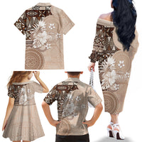 Tonga Ngatu Motifs Family Matching Off The Shoulder Long Sleeve Dress and Hawaiian Shirt With Coat Of Arms Beige