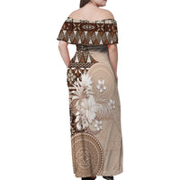 Tonga Ngatu Motifs Family Matching Off Shoulder Maxi Dress and Hawaiian Shirt With Coat Of Arms Beige