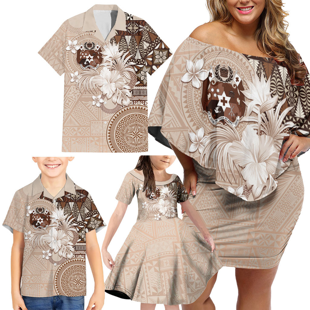 Tonga Ngatu Motifs Family Matching Off Shoulder Short Dress and Hawaiian Shirt With Coat Of Arms Beige