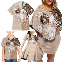 Tonga Ngatu Motifs Family Matching Off Shoulder Short Dress and Hawaiian Shirt With Coat Of Arms Beige