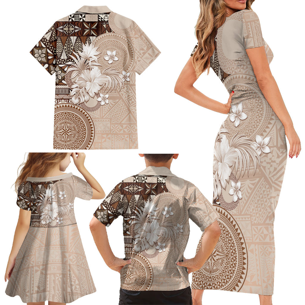 Tonga Ngatu Motifs Family Matching Short Sleeve Bodycon Dress and Hawaiian Shirt With Coat Of Arms Beige