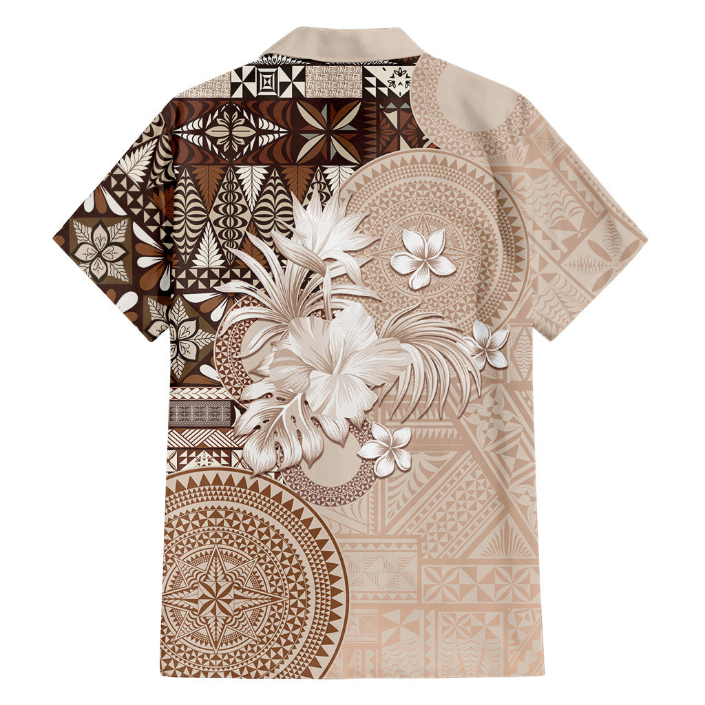 Tonga Ngatu Motifs Family Matching Short Sleeve Bodycon Dress and Hawaiian Shirt With Coat Of Arms Beige