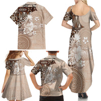 Tonga Ngatu Motifs Family Matching Summer Maxi Dress and Hawaiian Shirt With Coat Of Arms Beige