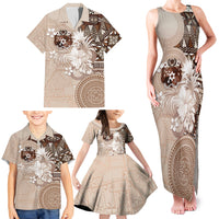 Tonga Ngatu Motifs Family Matching Tank Maxi Dress and Hawaiian Shirt With Coat Of Arms Beige