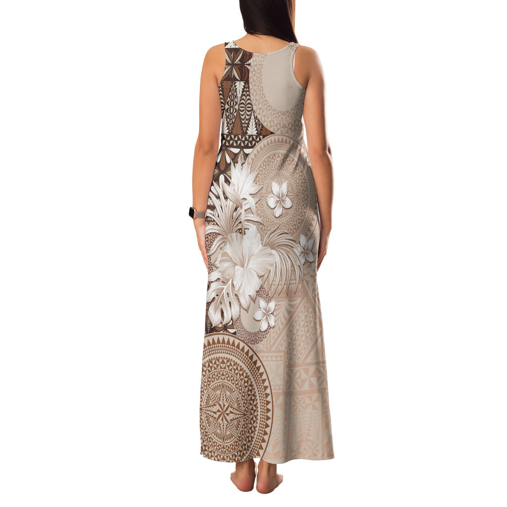 Tonga Ngatu Motifs Family Matching Tank Maxi Dress and Hawaiian Shirt With Coat Of Arms Beige