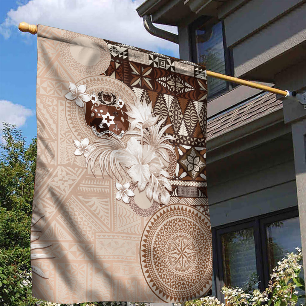 Tonga Ngatu Motifs Garden Flag With Coat Of Arms Beige LT05 - Polynesian Pride