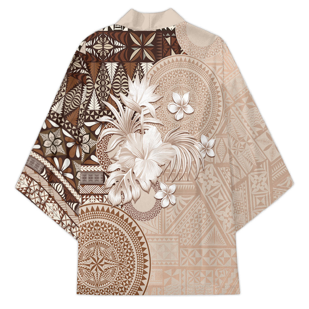Tonga Ngatu Motifs Kimono With Coat Of Arms Beige